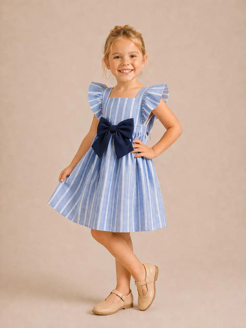 Girl's dress with square neckline, ruffled sleeves and front bow Sewing Pattern 5