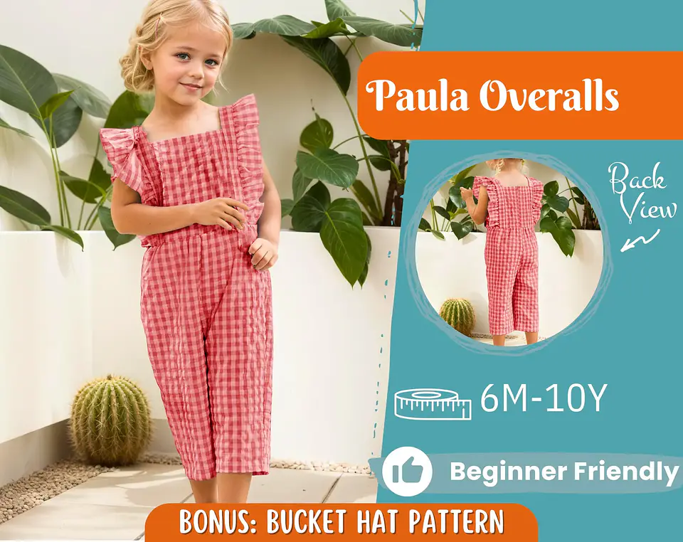 Girls' sleeveless Overalls Sewing Pattern, Square Neckline, Flutter Ruffle Straps 1