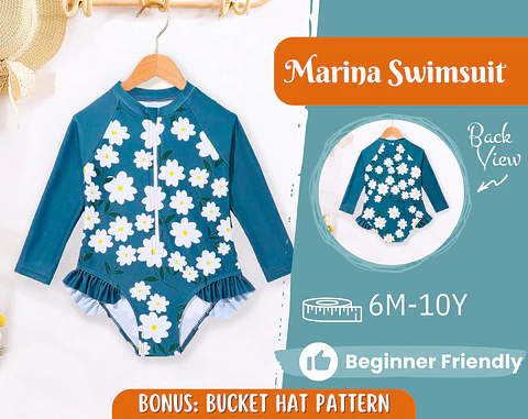 Girls Long Sleeve One-Piece Swimsuit Sewing Pattern