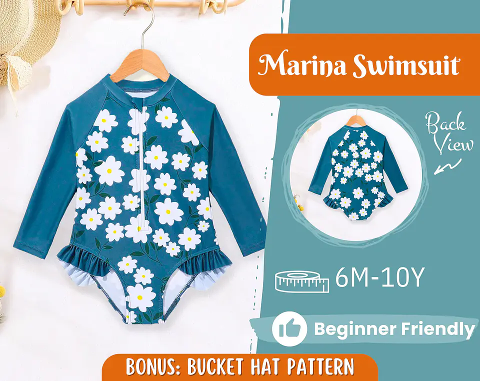 Girls Long Sleeve One-Piece Swimsuit Sewing Pattern 1