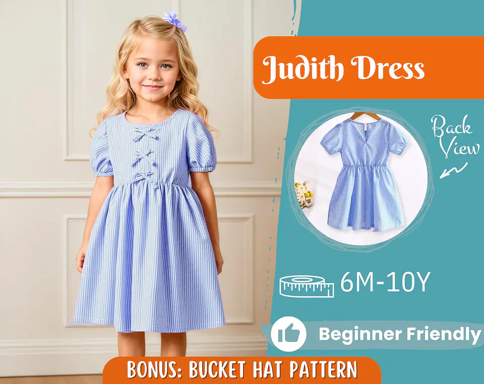 Girls Puff Sleeve Bow Dress Sewing Pattern 1