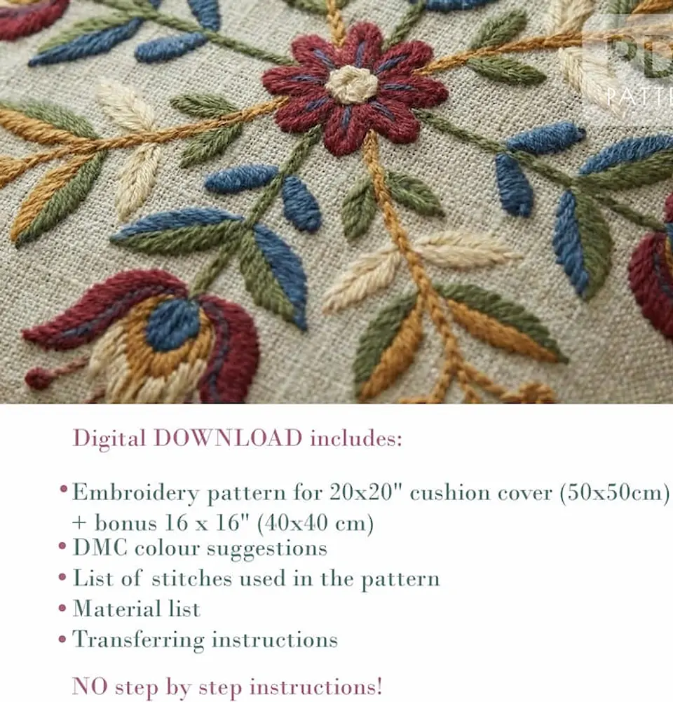Hand Embroidery Floral Folk Cushion Cover Pattern PDF 3