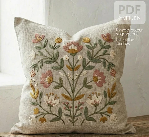 Hand Embroidery Symmetric Floral Cushion Cover 