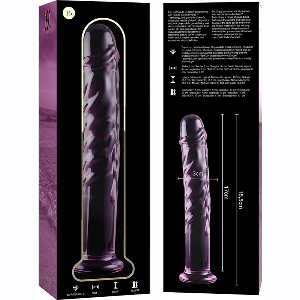 SÉRIE NEBULA DA IBIZA - MODELO 16 DILDO DE CRISTAL ROSA 18,5 CM -O- 3 CM 6
