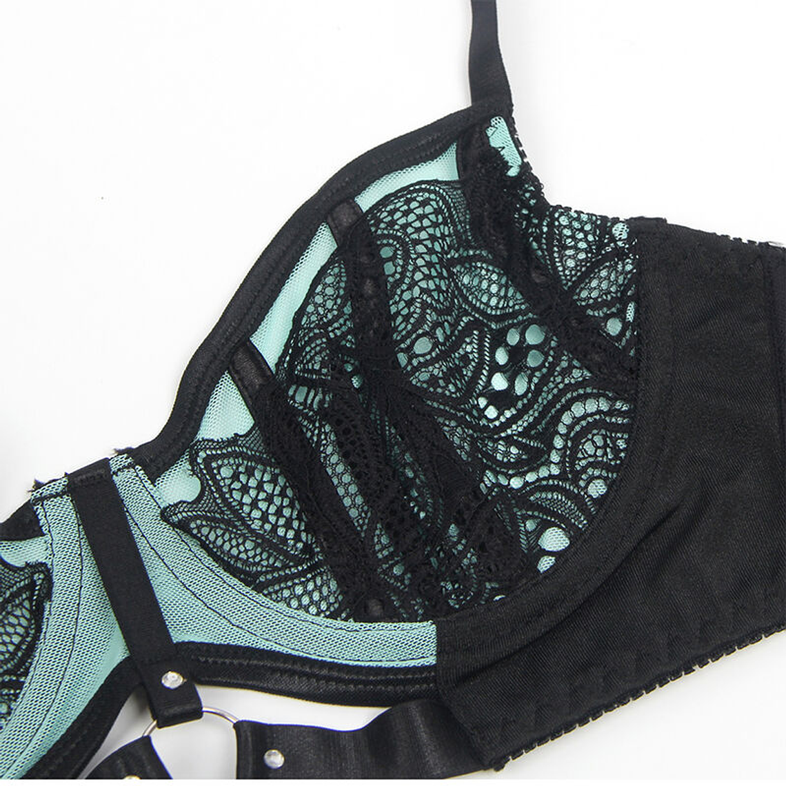 CONJUNTO DE SUTIÃ COM ZÍPER E MALHA EM COURO VERDE ENVERNIZADO 9