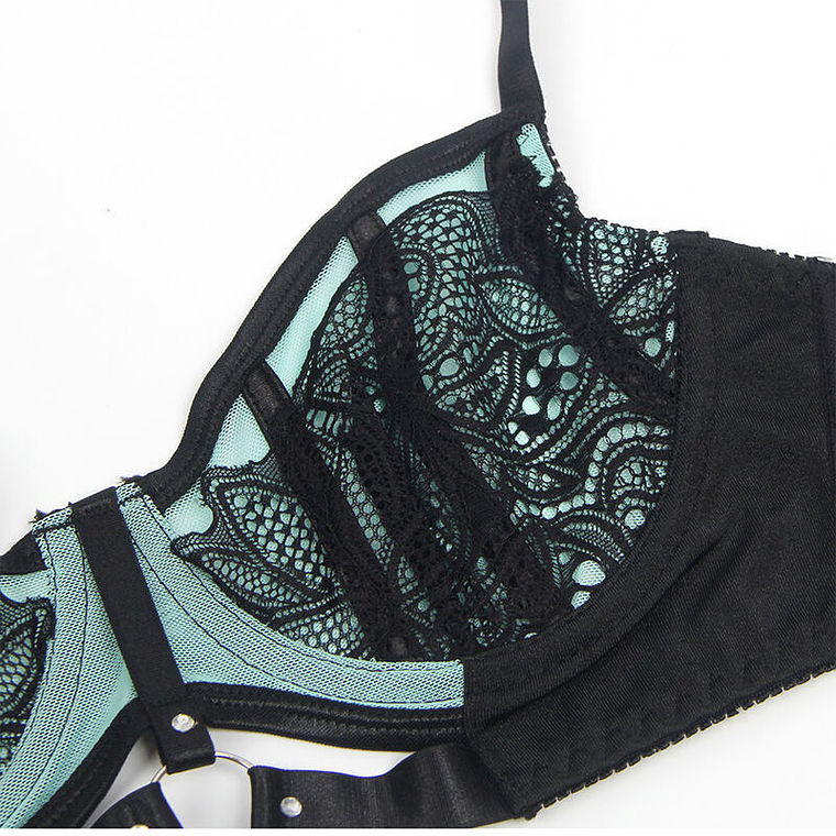 CONJUNTO DE SUTIÃ COM ZÍPER E MALHA EM COURO VERDE ENVERNIZADO 9