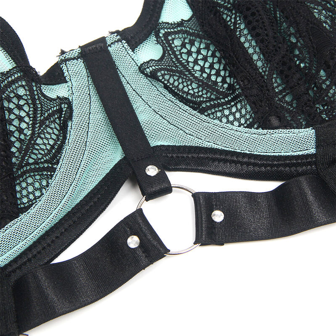 CONJUNTO DE SUTIÃ COM ZÍPER E MALHA EM COURO VERDE ENVERNIZADO 8