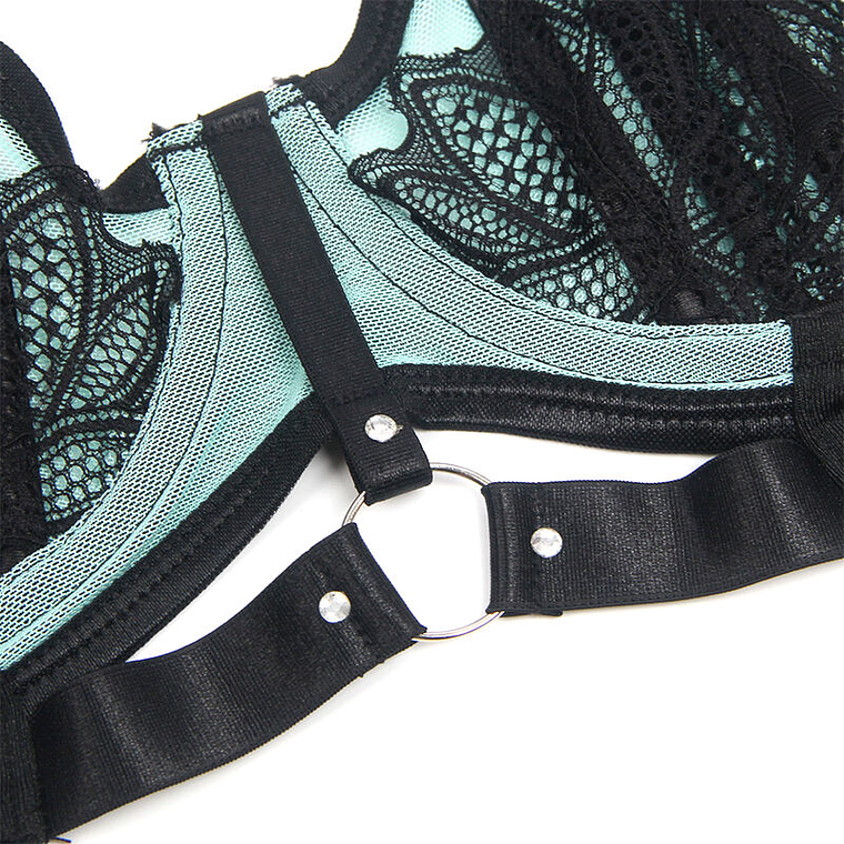 CONJUNTO DE SUTIÃ COM ZÍPER E MALHA EM COURO VERDE ENVERNIZADO 8