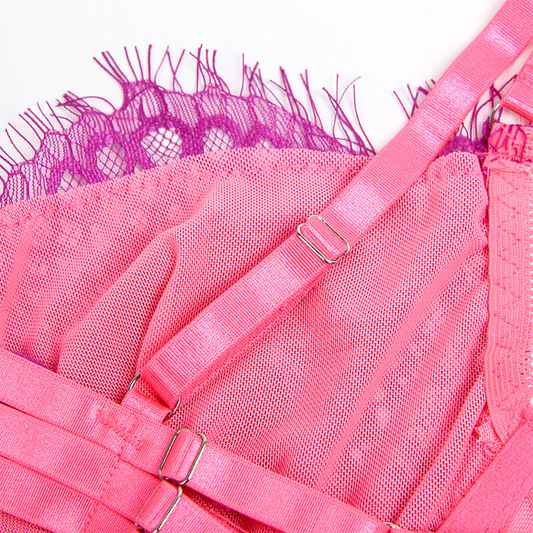 CONJUNTO DE SUTIÃ E LIGA DE RENDA ROSA E ROXO 18