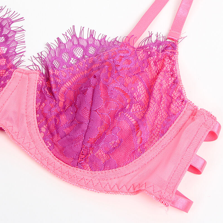 CONJUNTO DE SUTIÃ E LIGA DE RENDA ROSA E ROXO 16