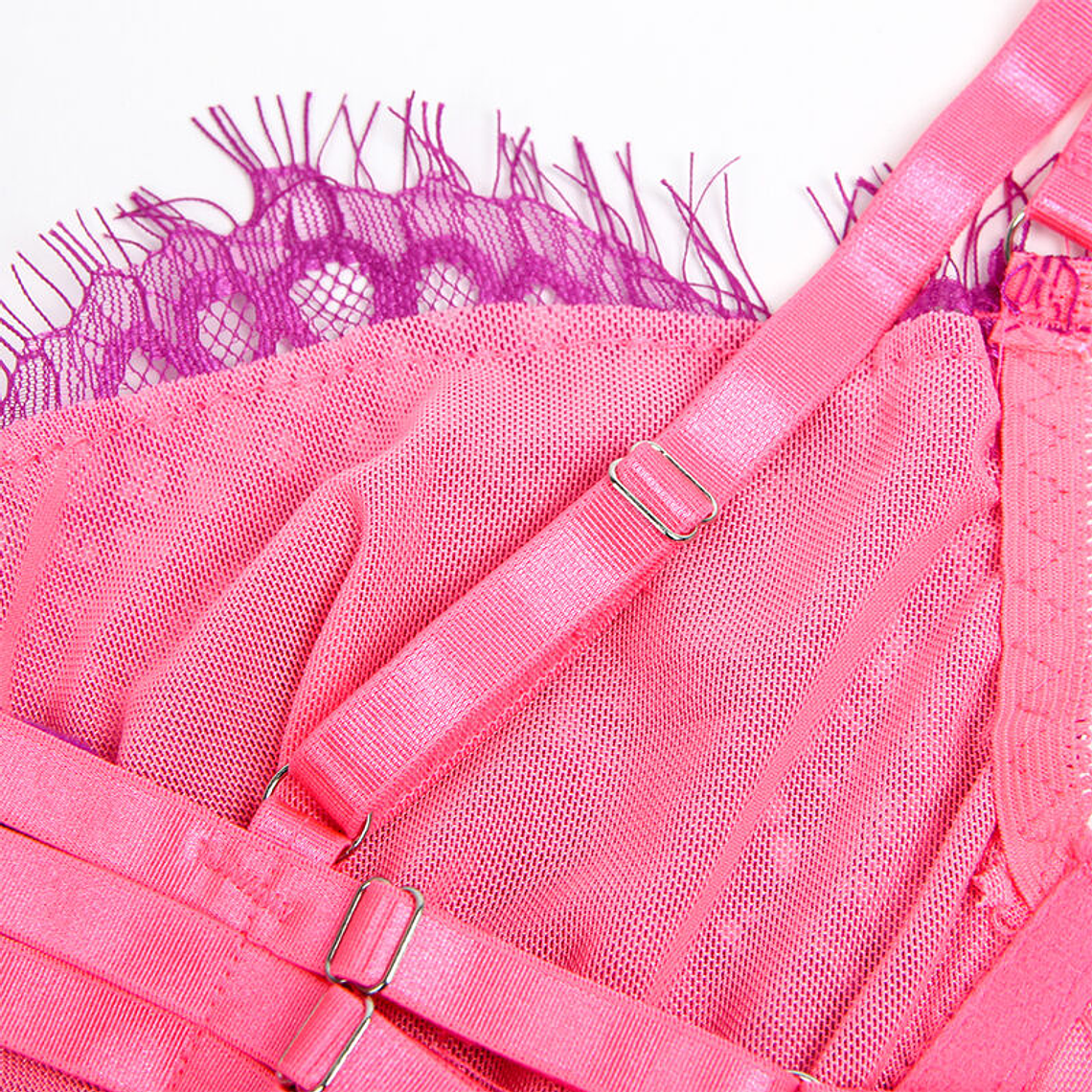 CONJUNTO DE SUTIÃ E LIGA DE RENDA ROSA E ROXO 18