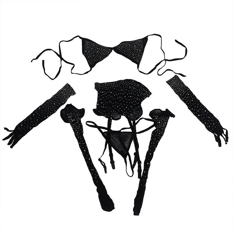 Body de malha com luvas e diamantes, preto, tamanho único 12