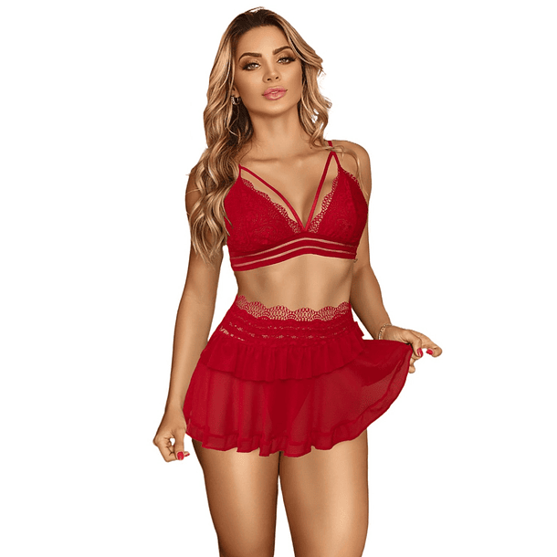 Conjunto Sexy Rojo Con Falda 3