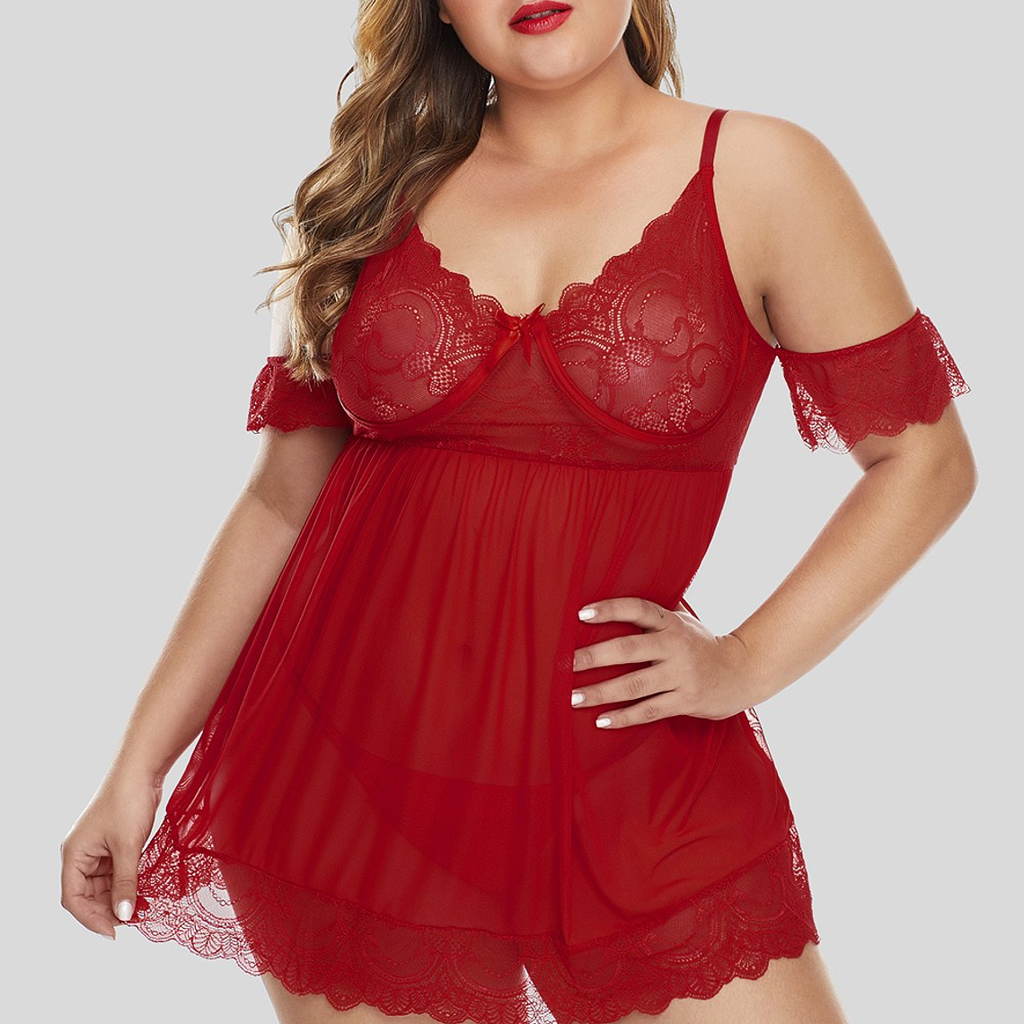 Babydoll Lace Rojo Manga Sin Hombros Talla XL 1