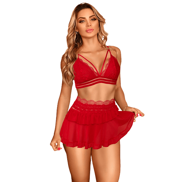 Conjunto Sexy Rojo Con Falda 1