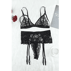 🖤 Conjunto Lencería Encaje Flores Negro  Talla L 4