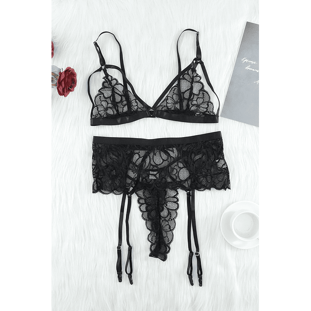 🖤 Conjunto Lencería Encaje Flores Negro  Talla L 4