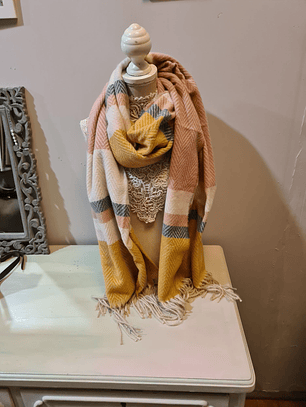 Bufanda espiga flecos amarillos azules