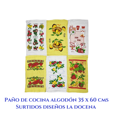 Paño cocina algodón 35 x 60 cms diseños surtidos la docena 