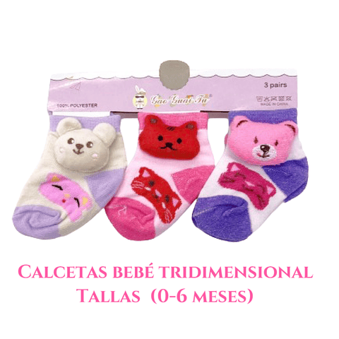 Calcetas bebe niña (muñeca 3D) tallas 0-6 meses .colores surtidas la docena