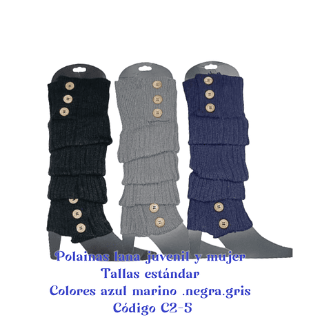 Polainas lana C2-5 juvenil y dama .colores azul marino .negro y gris y tallas estándar la docena 