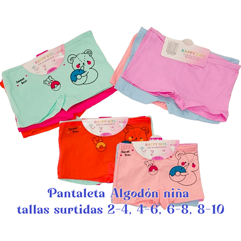 Pantaleta niña algodón tallas y colores surtidas la docena 