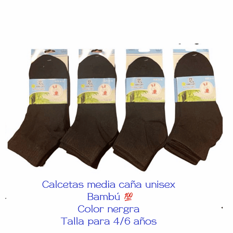 Calcetas media caña unisex talla 4/6 años color negra la docena 