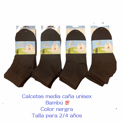 Calcetas media caña unisex talla 2/4 años color negra la docena 