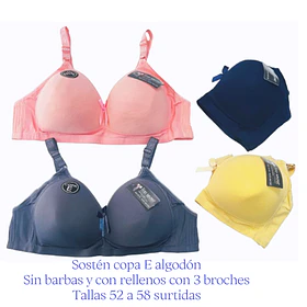 Sostén copa E algodón sin barbas y con rellenos con 4 broches .tallas y colores surtidas la docena 