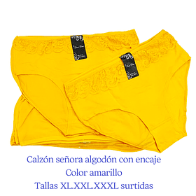 Calzón señora algodón con encaje color amarillo tallas surtidas la docena 