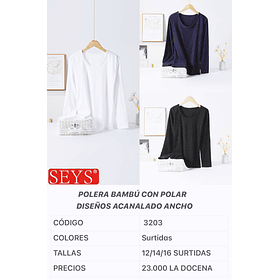 Camiseta SEYS juvenil BAMBÚ CON POLAR 3203 DISEÑOS ACANALADO ANCHO tallas 12/14/16 Y colores surtidas la docena 