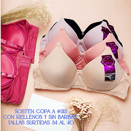 Sostén copa A sin barbas y con rellenos tallas y colores surtidas la docena 