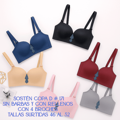 Sostén copa D sin barbas y con rellenos tallas y colores surtidas la docena 