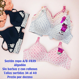 Sostén copa A/B sin barbas y con rellenos tallas y colores surtidas la docena 