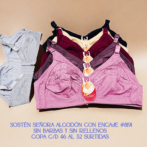 Sostén señora algodón copa C/D  sin barbas y sin rellenos tallas y colores surtidas la docena 