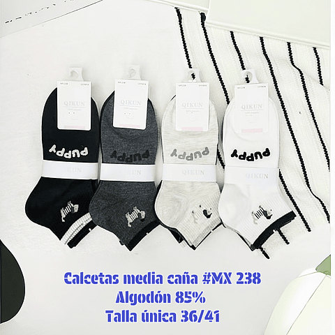 Calcetas media caña dama algodón mx238 talla única y colores surtidas la docena 