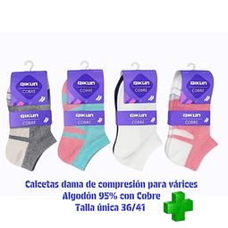 Calcetas K0925 dama de compresion para varices Algodón 95% con Cobre Talla única 36/41 y colores surtidas la docena 