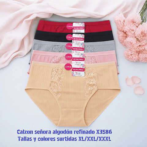 Calzón señora algodón refinado con encaje tallas y colores surtidas la docena 