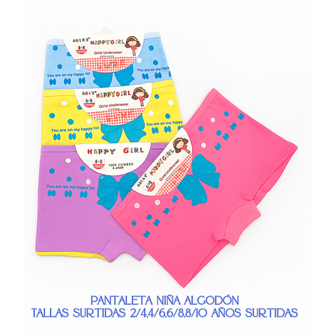 Pantaleta niña algodón tallas y colores surtidas la docena 