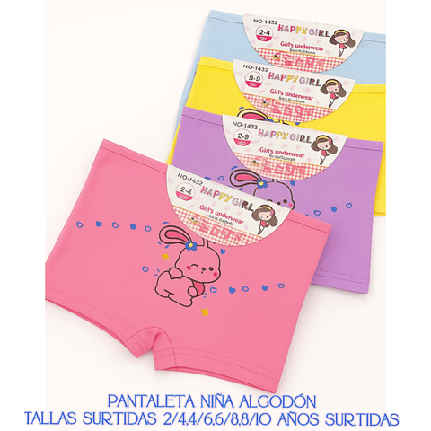 Pantaleta niña algodón tallas y colores surtidas la docena 