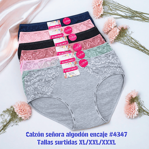 Calzón señora algodón con encaje tallas y colores surtidas la docena 