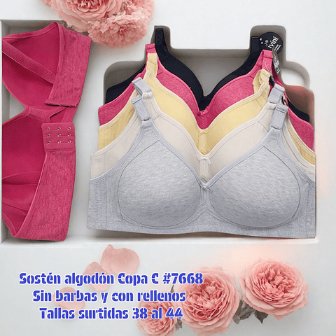Sostén copa C algodón sin barbas y con rellenos /tallas y colores surtidas la docena 