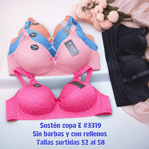 Sostén copa E sin barbas y con rellenos /tallas y colores surtidas la docena 