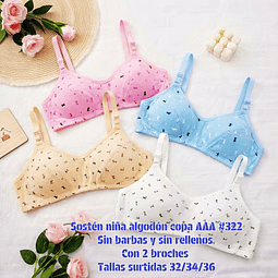 Sostén niña copa AAA #322  tallas y colores surtidas la docena 