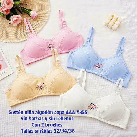 Sostén niña copa AAA #355 tallas y colores surtidas la docena 