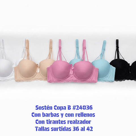 Sostén copa B con tirantes realizador tallas y colores surtidas la docena 