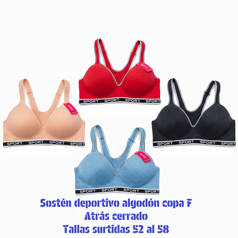 Sostén deportivo copa F algodón tallas y colores surtidas la docena 