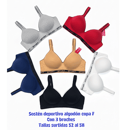 Sostén deportivo copa F algodón tallas y colores surtidas la docena 