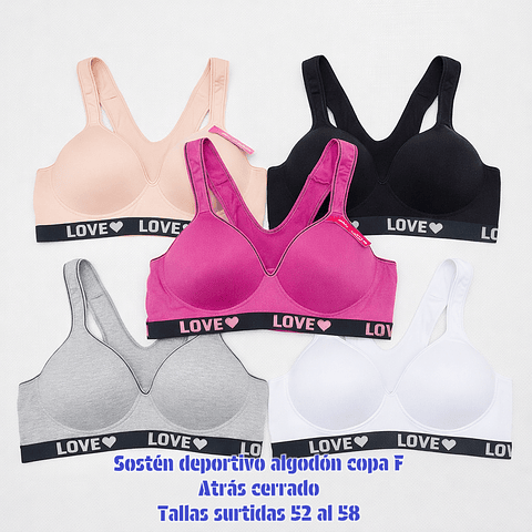 Sostén deportivo copa F algodón tallas y colores surtidas la docena 