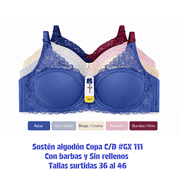 Sostén algodón Copa C/D con barbas y sin rellenos tallas y colores surtidas la docena 
